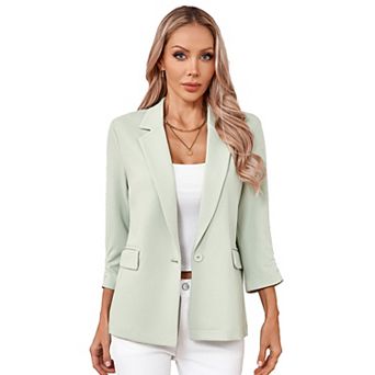 Women's Front Button Down Blazer 3/4 Sleeve Business Jacket