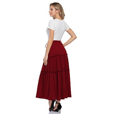 Women's A-Line High Waist Drawstring Midi Skirt with Pockets