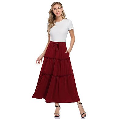 Women's A-Line High Waist Drawstring Midi Skirt with Pockets