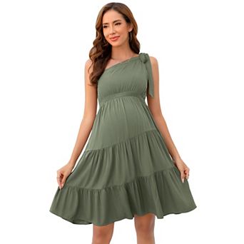 Women's Maternity One-Shoulder Sleeveless Dress with Bow Detail, Smocked Waist Tiered Ruffle Dress