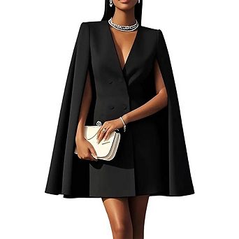Women's Cape Sleeve Blazer Dress Elegant Double Breasted V Neck Mini Dress