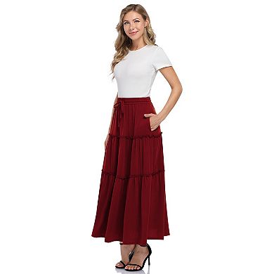 Women's High Waist Drawstring with Side Pockets A-Line Midi Skirt