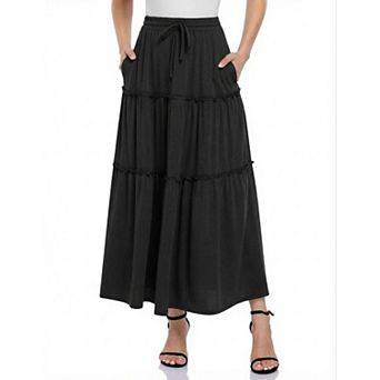 Women's High Waist Drawstring with Side Pockets A-Line Midi Skirt