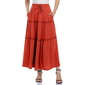Women's High Waist Drawstring with Side Pockets A-Line Midi Skirt