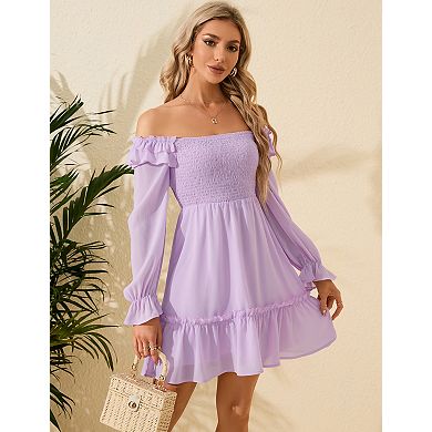 Women's Square Neck Long Sleeve Mini Dress with Smocked Bodice and Ruffle