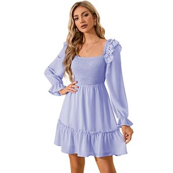 Women's Square Neck Long Sleeve Mini Dress with Smocked Bodice and Ruffle