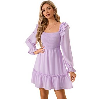 Women's Square Neck Long Sleeve Mini Dress with Smocked Bodice and Ruffle