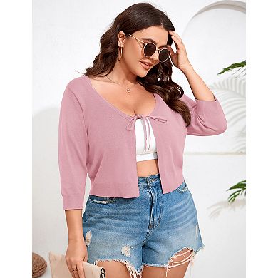 Women's Plus size Tie Front Long Sleeve Rib Knit Shrug Sweaters Cardigan