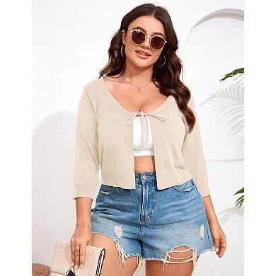 Women's Plus size Tie Front Long Sleeve Rib Knit Shrug Sweaters Cardigan