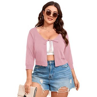 Women's Plus size Tie Front Long Sleeve Rib Knit Shrug Sweaters Cardigan