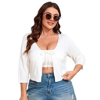Women's Plus size Tie Front Long Sleeve Rib Knit Shrug Sweaters Cardigan