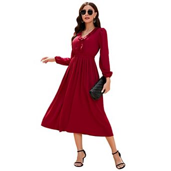 Women's V-Neck Ruffled Long Sleeve Midi Dress with Smocked Waist Flowy A-Line Dress