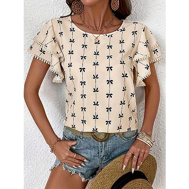 Womens Short Flutter Sleeve Printed Chiffon Blouse Crew Neck Lightweight Summer Cute Tops