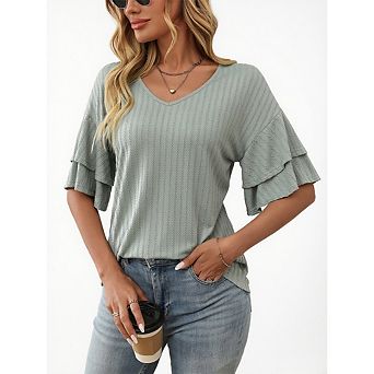 Women Ruffle Short Sleeve V Neck Double Tiered Blouse 3/4 Bell Sleeve Casual Tops