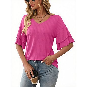 Women Ruffle Short Sleeve V Neck Double Tiered Blouse 3/4 Bell Sleeve Casual Tops