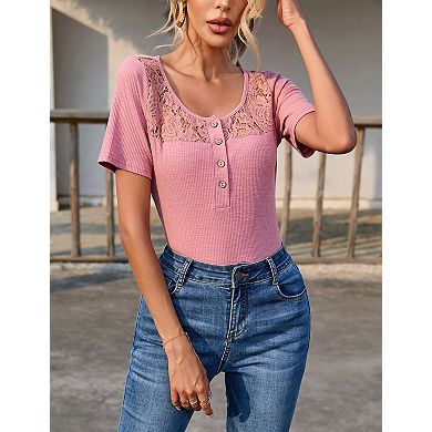 Women's Knit Short Sleeve Summer Basic Blouses with Front Button