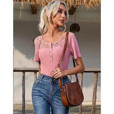 Women's Knit Short Sleeve Summer Basic Blouses with Front Button