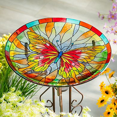 Evergreen Enterprises Stained Glass Butterfly Birdbath Outdoor Decor