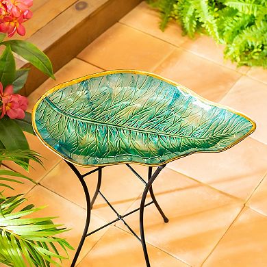 Evergreen Enterprises Fern Leaf Shaped Glass Birdbath Outdoor Decor