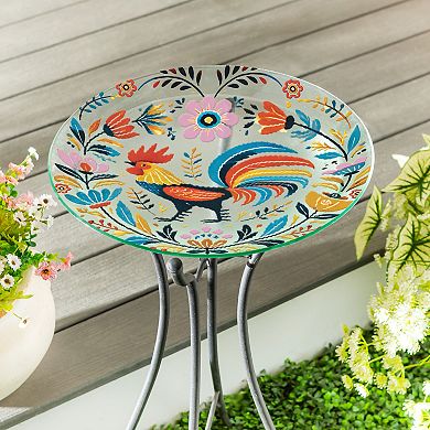 Evergreen Enterprises Glass Folk Art Rooster Birdbath Outdoor Decor