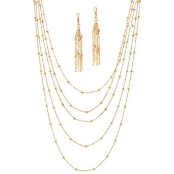 2 pc Multi-Chain Beaded Station Necklace and Drop Earrings Set Goldtone