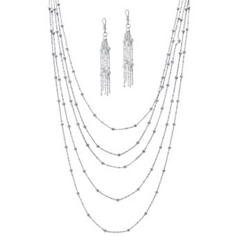 2 pc Station Necklace and Earrings Set in Silvertone