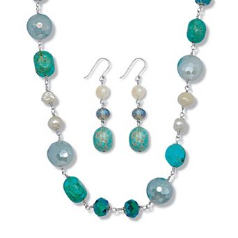 Genuine Blue Jasper and Cultured Freshwater Pearl Silvertone Jewelry Set