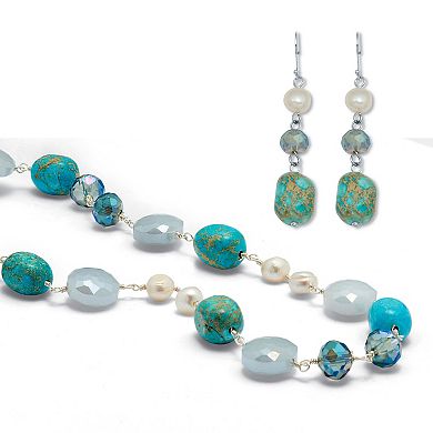 Genuine Blue Jasper and Cultured Freshwater Pearl Silvertone Jewelry Set
