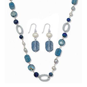 Genuine Blue Sodalite and Cultured Freshwater Pearl Silvertone Jewelry Set