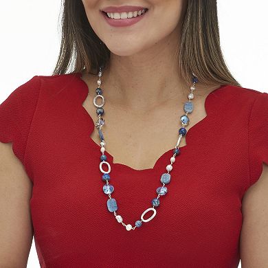 Genuine Blue Sodalite and Cultured Freshwater Pearl Silvertone Jewelry Set