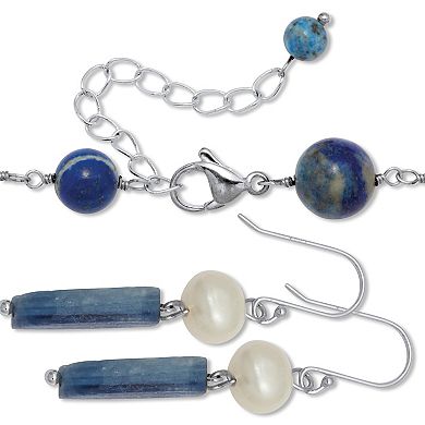 Genuine Blue Sodalite and Cultured Freshwater Pearl Silvertone Jewelry Set