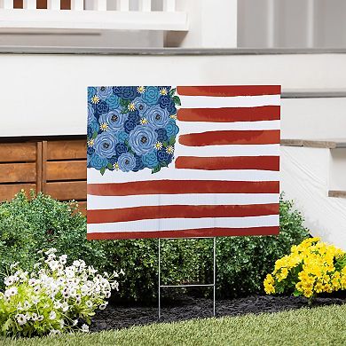 Evergreen Blooming American Flag Yard Sign Outdoor Decor