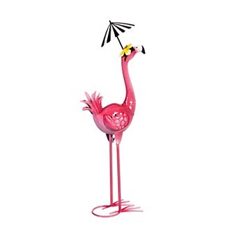 Evergreen Enterprises Flamingo with Umbrella Metal Garden Statue Outdoor Decor