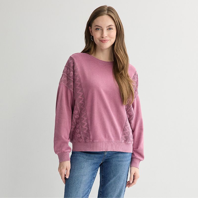 Women's Farmers Market Crochet Trim Knit Long Sleeve Top, Size: XL, Orchid