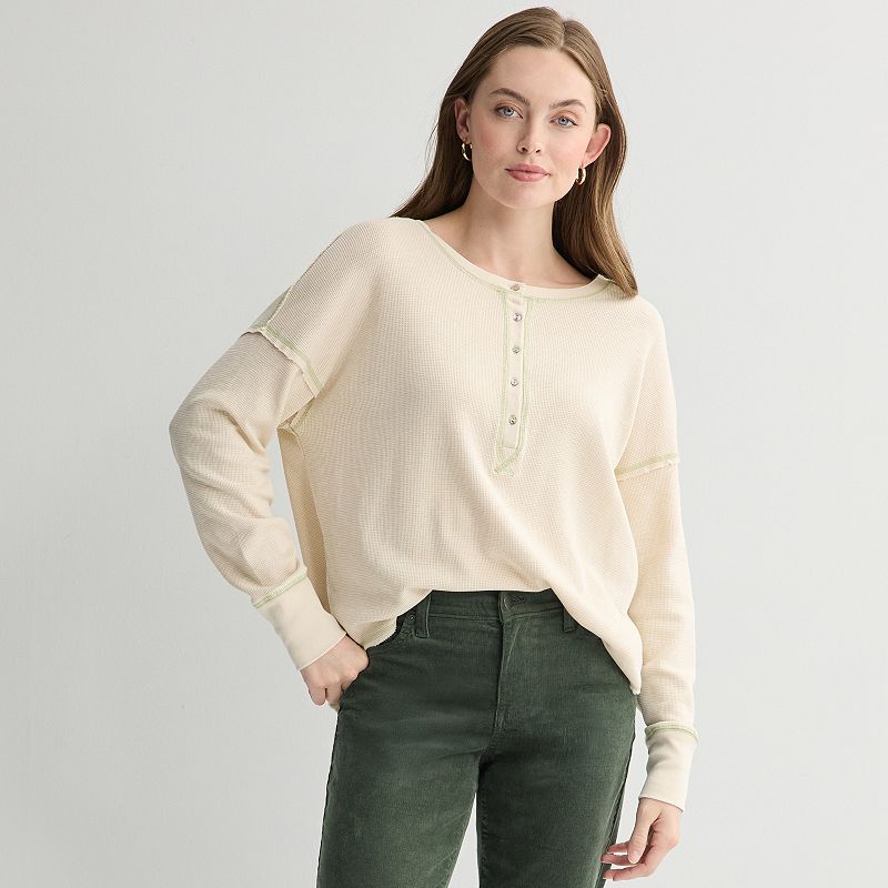 Women's Farmers Market Contrast Trim Thermal Henley Tee, Size: Medium, Grey