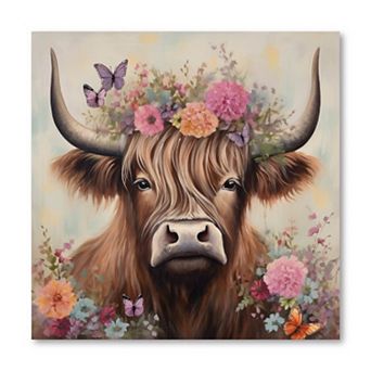 COURTSIDE MARKET Floral Highland Cow Canvas Wall Art