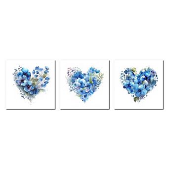 COURTSIDE MARKET 3 pc Blue Floral Heart Canvas Wall Art Set
