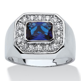 Men's .53 TCW Bezel-Set Blue Glass and Cubic Zirconia Octagon Ring in Silvertone