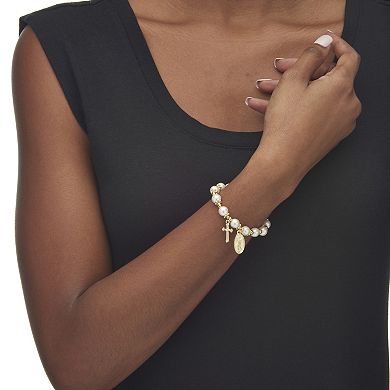Round Simulated Pearl and Beaded Religious Stretch Bracelet in Goldtone 7"