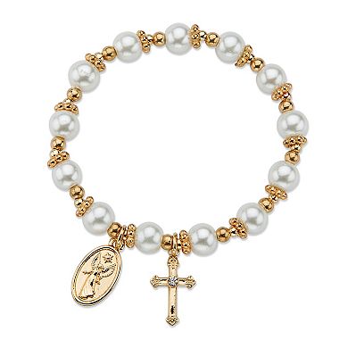 Round Simulated Pearl and Beaded Religious Stretch Bracelet in Goldtone 7"