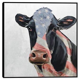 Masterpiece Patriotic Cow Framed Canvas Wall Art