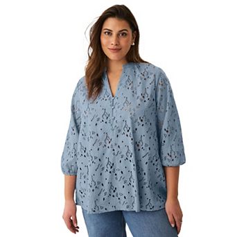 ellos Plus Size Eyelet Blouse With Notch V-Neck & Blouson Sleeves