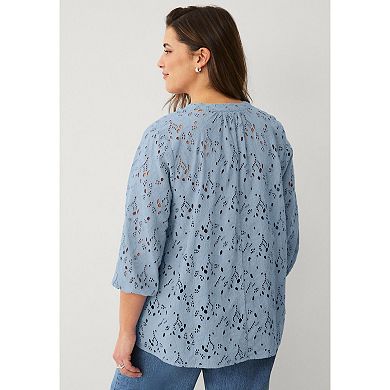 ellos Plus Size Eyelet Blouse With Notch V-Neck & Blouson Sleeves