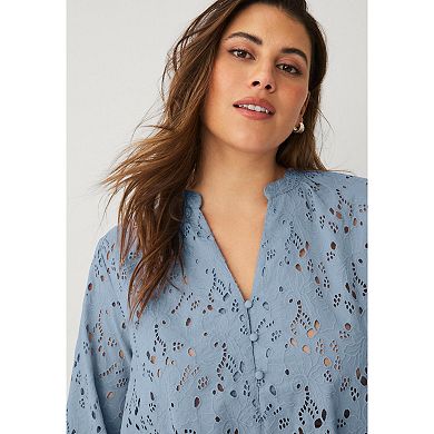 ellos Plus Size Eyelet Blouse With Notch V-Neck & Blouson Sleeves