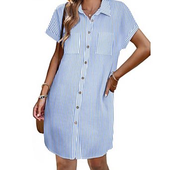 Zeagoo Women s Linen Cotton Short Sleeve V Neck Button Down Dress Summer Casual Beach Sundress