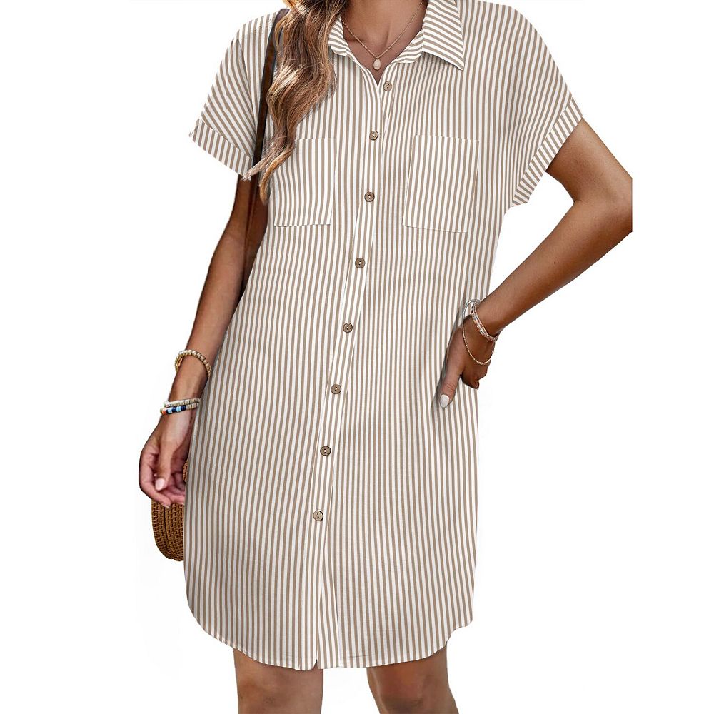 Zeagoo Women s Linen Cotton Short Sleeve V Neck Button Down Dress ...