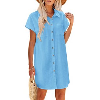 Zeagoo Women s Linen Cotton Short Sleeve V Neck Button Down Dress Summer Casual Beach Sundress