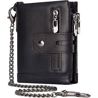 ZUQIETA Men's Genuine Leather Wallet with Chain - RFID-Blocking Bifold Purse with Zipper Coin Pocket