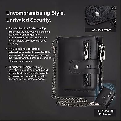 ZUQIETA Men's Genuine Leather Wallet with Chain - RFID-Blocking Bifold Purse with Zipper Coin Pocket