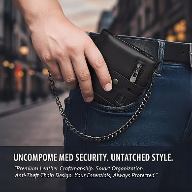 ZUQIETA Men's Genuine Leather Wallet with Chain - RFID-Blocking Bifold Purse with Zipper Coin Pocket